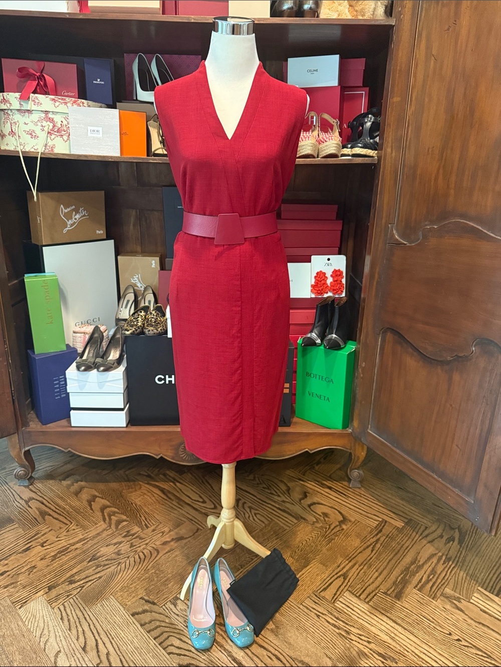 Akris Red Sleeveless V-Neck Midi Sheath Dress with Wide Belt
